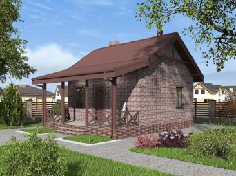 Одноэтажный дом с террасой, печкой и отделкой кирпичом.